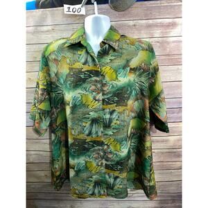 Vintage Japanese button up water color Plant Ocean theme green size XL